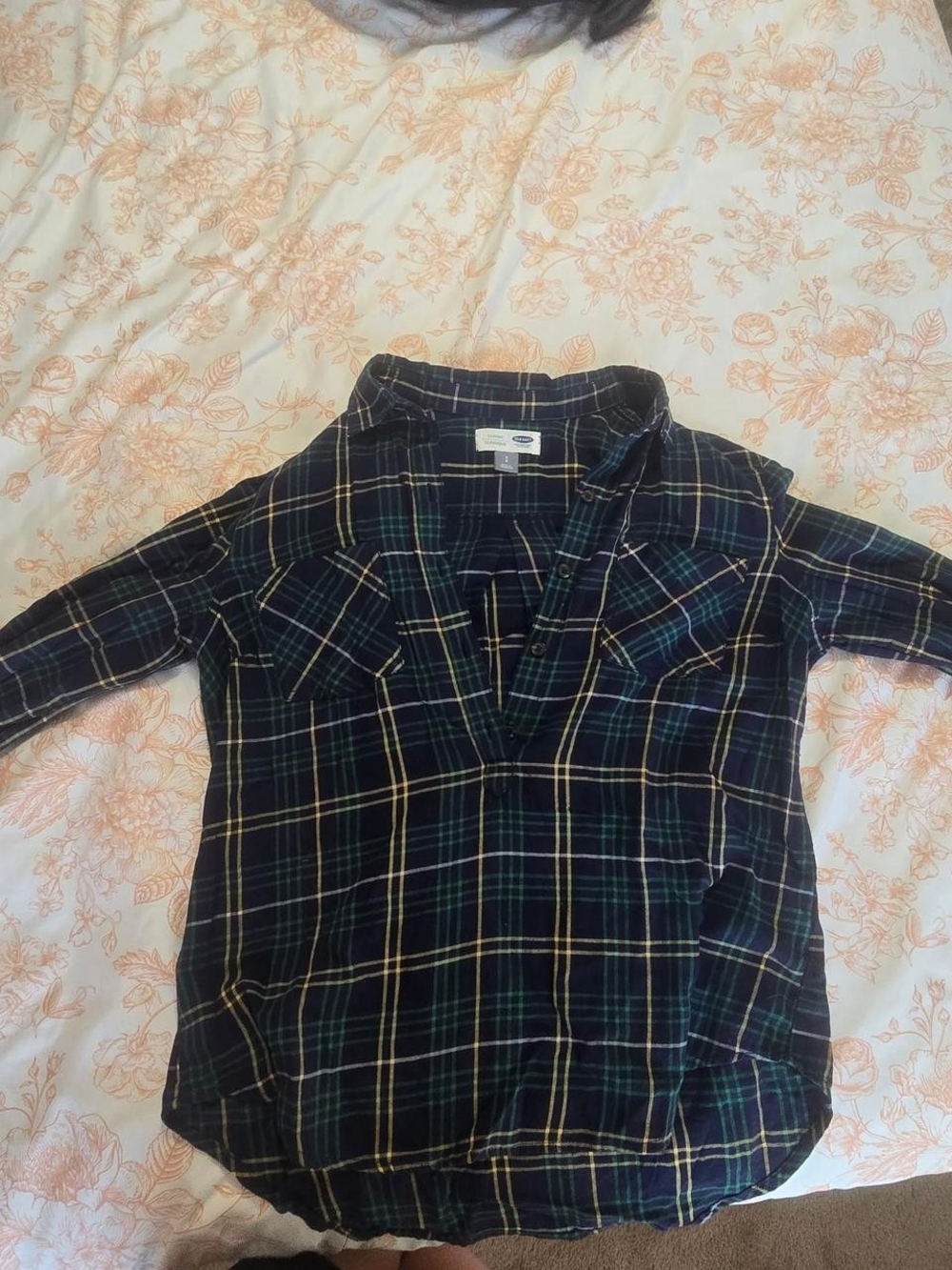 Old Navy Navy, Green and Yellow Plaid Button-Down Shirt